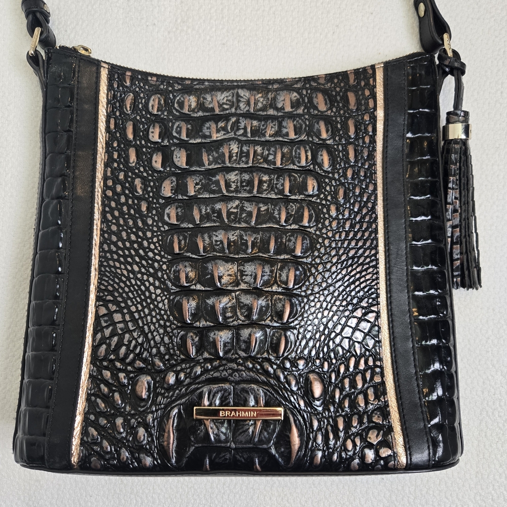 Brahmin Black W/ Rose Gold Croc-Embossed Shoulder Bag